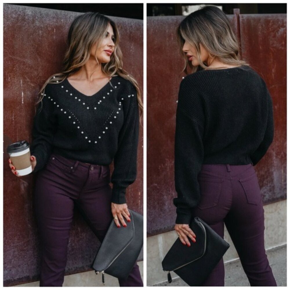 fab'rik Black V-Neck Sweater with Studded Embellishments nwt size Large